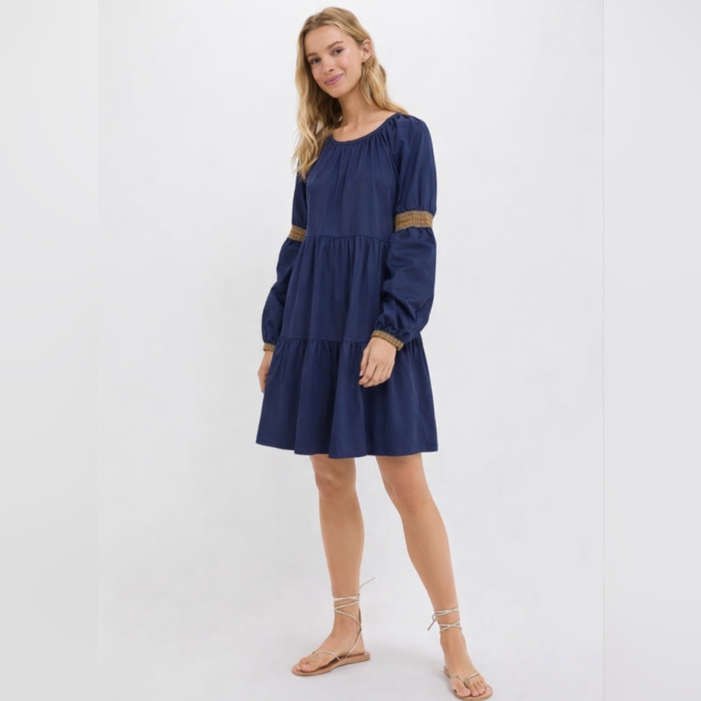 Elizabeth and James Babydoll Swing Dress Navy Boho Tiered Embroidered Sleeve Sm